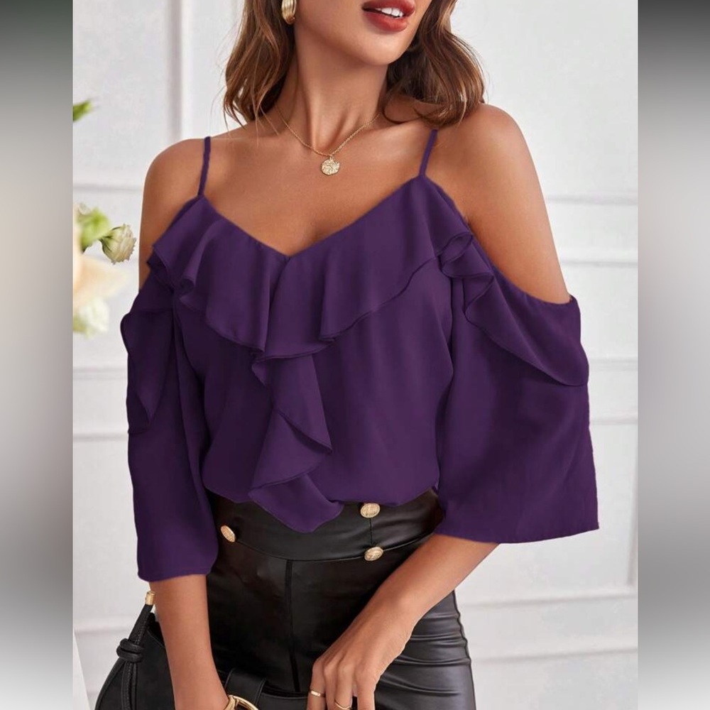 Elegant Red Ruffle Cold Shoulder Top - Picture 10 of 16
